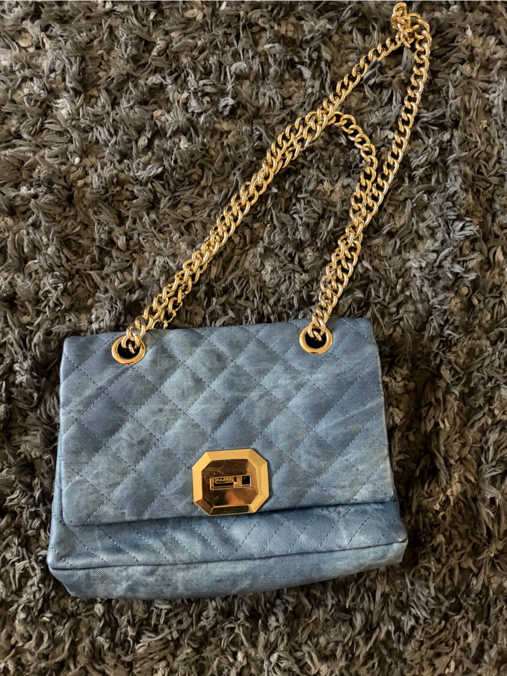 Aldo Quilted Blue Velvet Chain Shoulder Bag with Gold Hardware